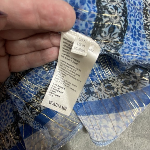 Free People Medium Top Flowy Aliya Long Slv Print Blue Metallic Gold Boho Hippie - Picture 16 of 16